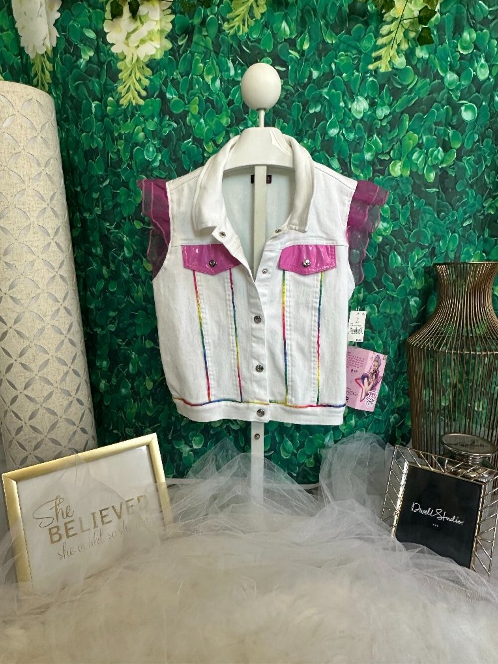 NWT - JoJo's Closet Girls' Rainbow Trim Denim Vest with Tulle Accents Sz 10/12